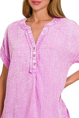 Zenana Washed Double Gauze 3/4 Button Henley Neck Shirt OutfitFlow