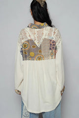 POL Lace Patchwork Floral Trim Long Sleeve Shirt OutfitFlow