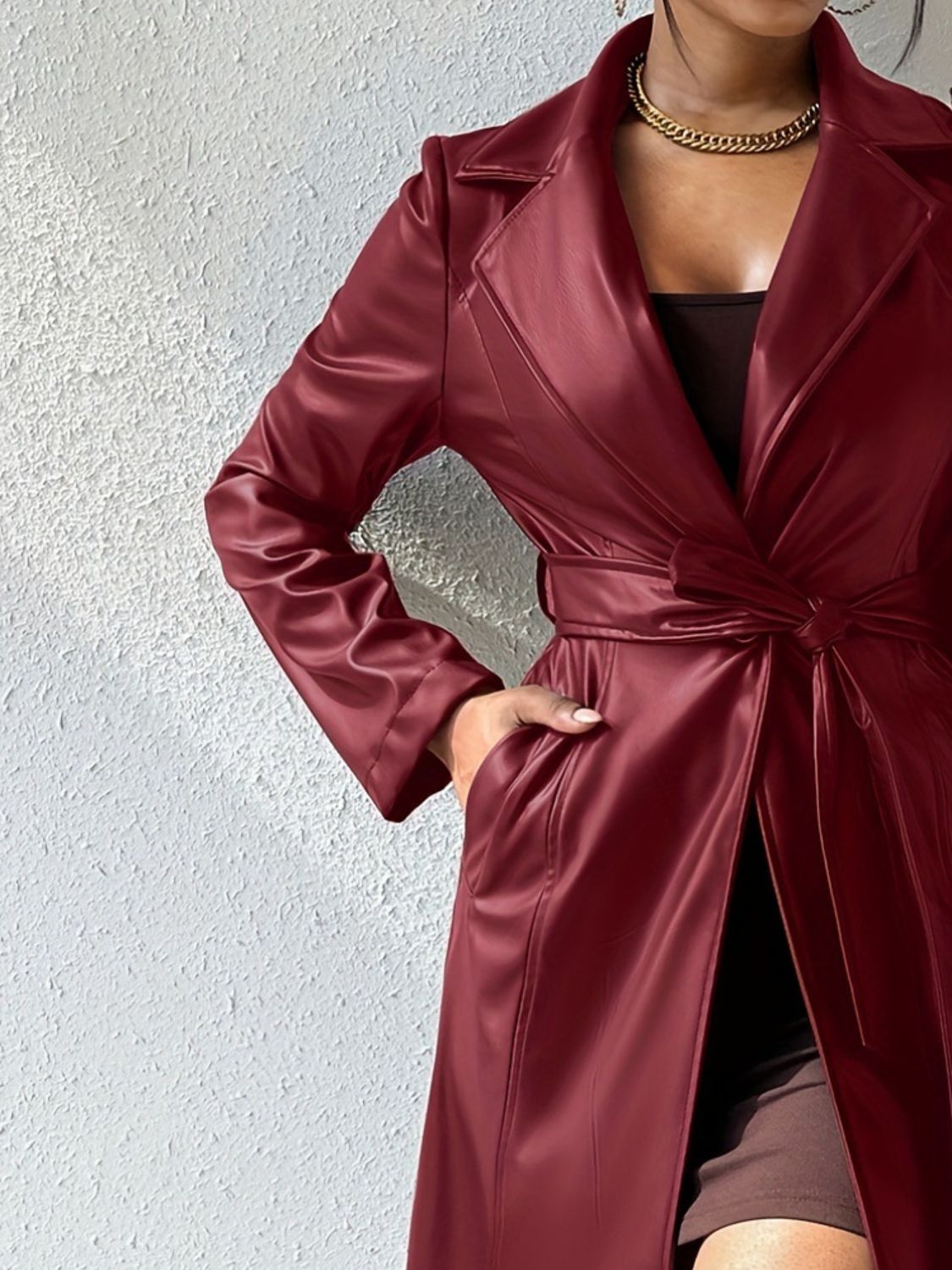 Outfit Flow - Tied PU Leather Long Sleeve Trench Coat