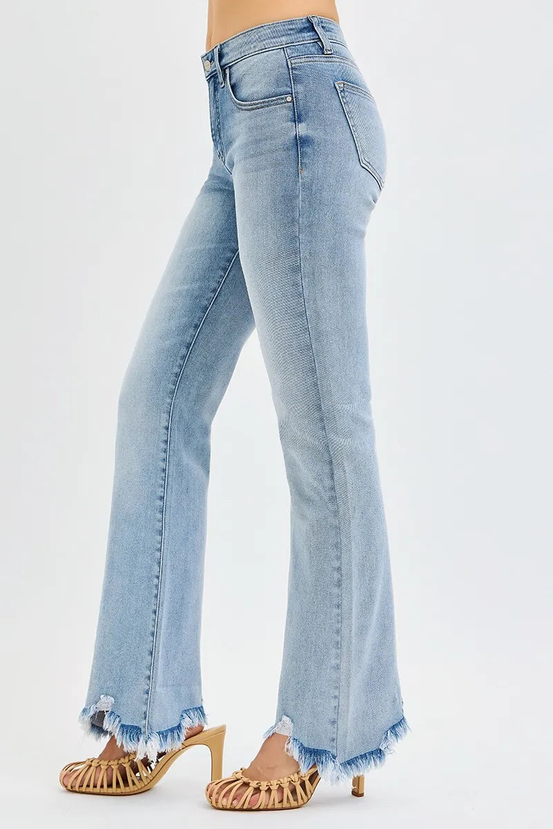 RISEN Full Size Tummy Control Mid Rise Flare Jeans with Fray Hem Detailed Plus Size Trendsi