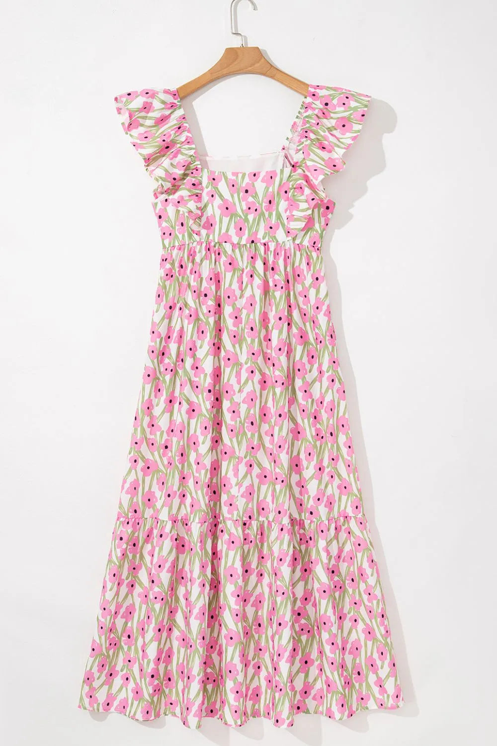 Floral Print Square Neck Ruffled Cap Sleeve Maxi Dress OutfitFlow