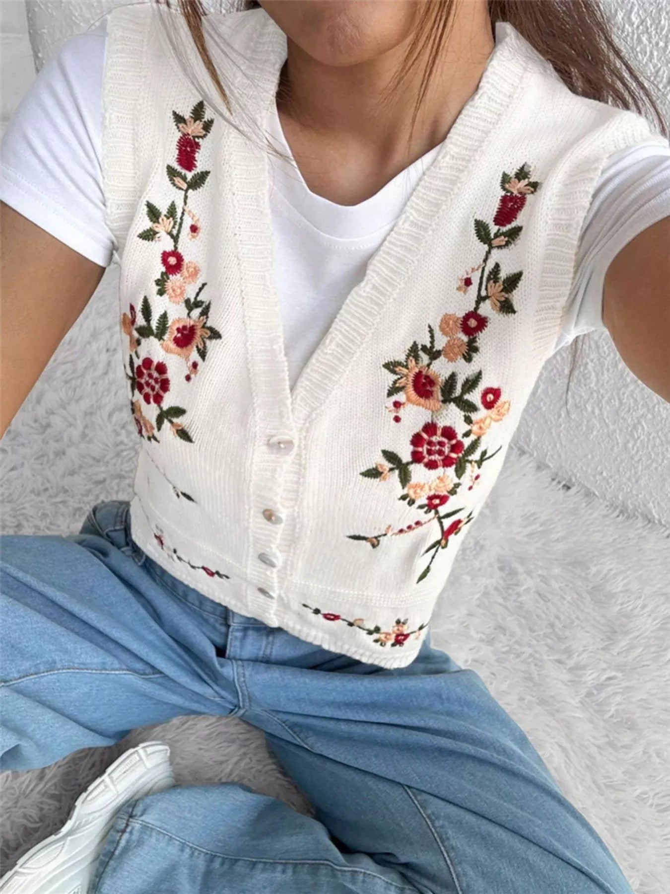 Embroidered Button Up Sweater Vest OutfitFlow