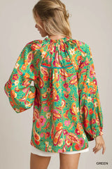 Umgee Satin Paisley Ruffle Neck Button-Up Shirt Trendsi