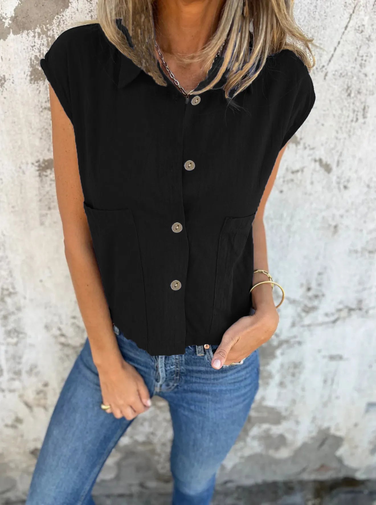 Full Size Button Down Cap Sleeve Linen Shirt Plus Size Black OutfitFlow