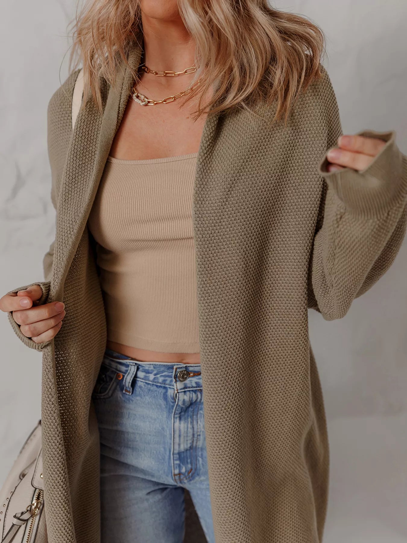 Solid Color Textured Knit Open Front Oversize Cardigan OutfitFlow