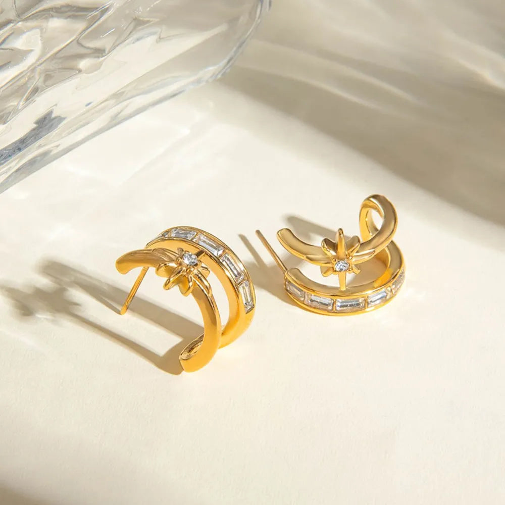 Stainless Steel Zircon Double-Layered Earrings OutfitFlow