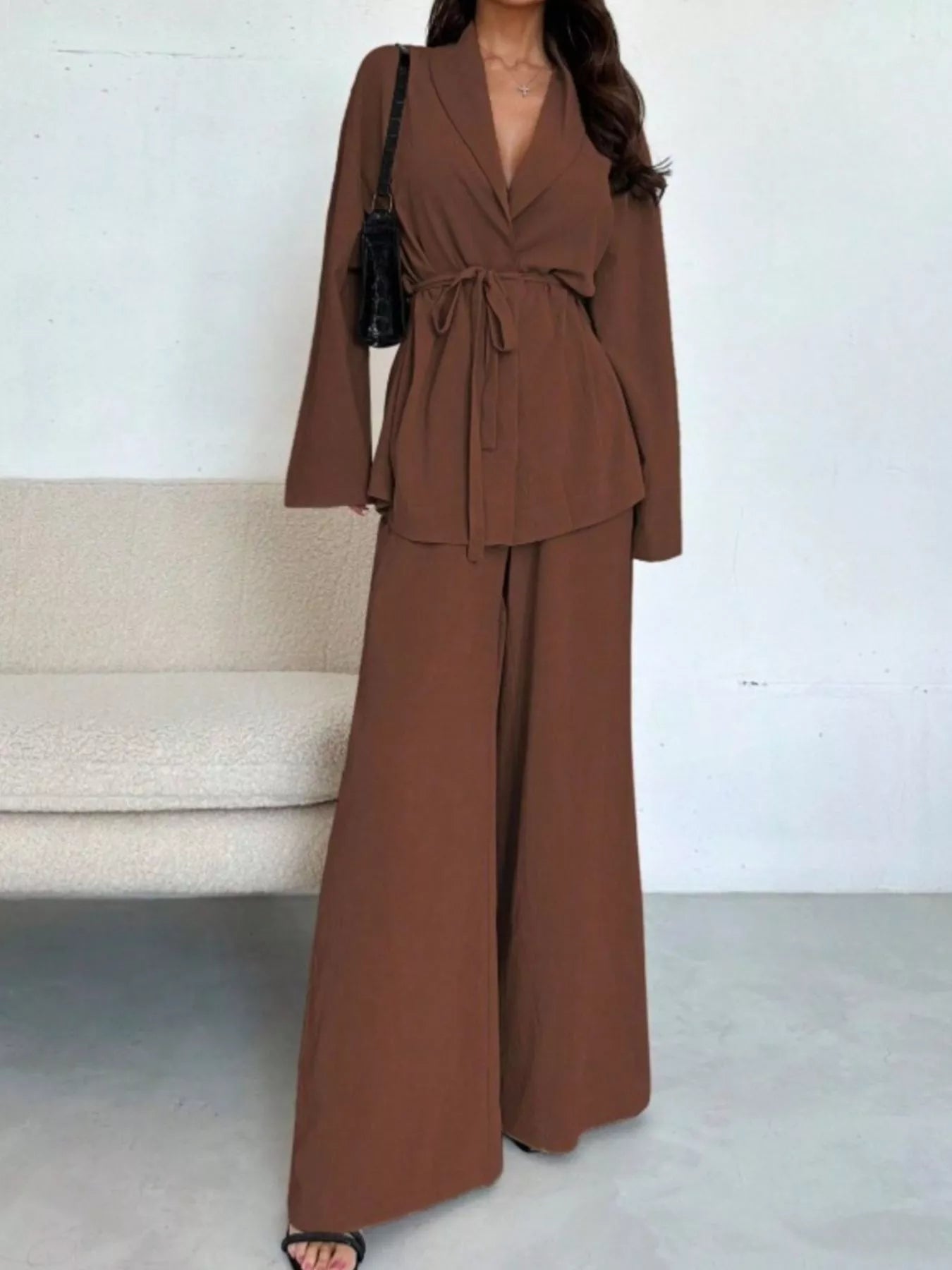 Front Tied Shirt and Wide-Leg Pants Set OutfitFlow