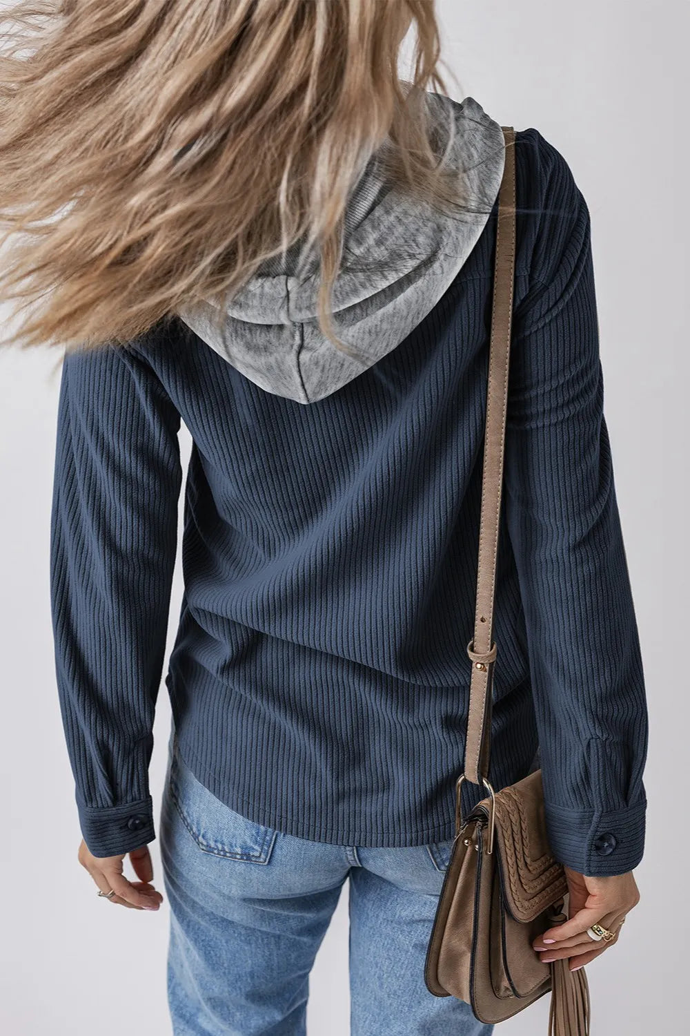 Drawstring Button Up Long Sleeve Hooded Jacket OutfitFlow