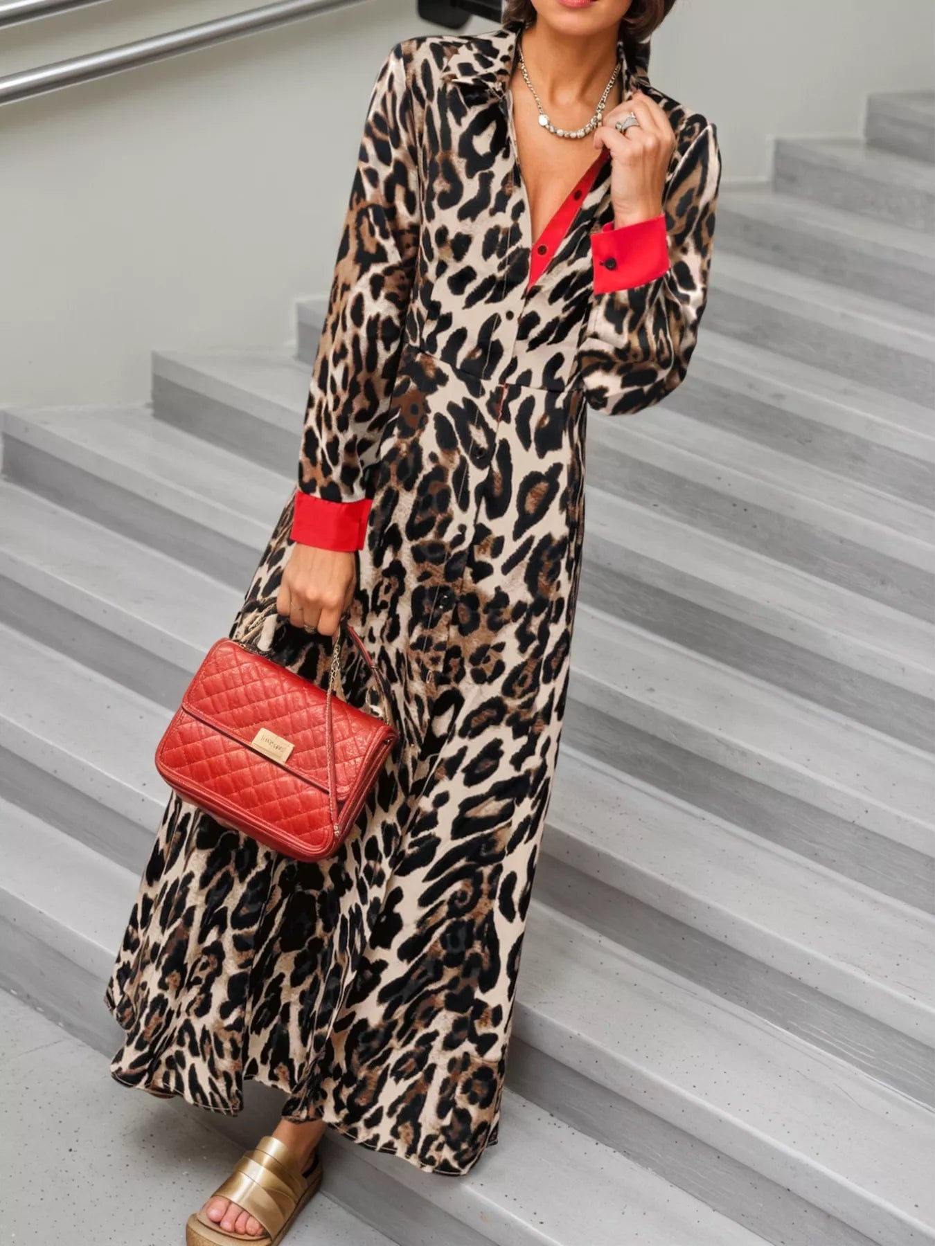 Leopard Print Long Sleeve Shirt Dress with Contrast Trim OutfitFlow