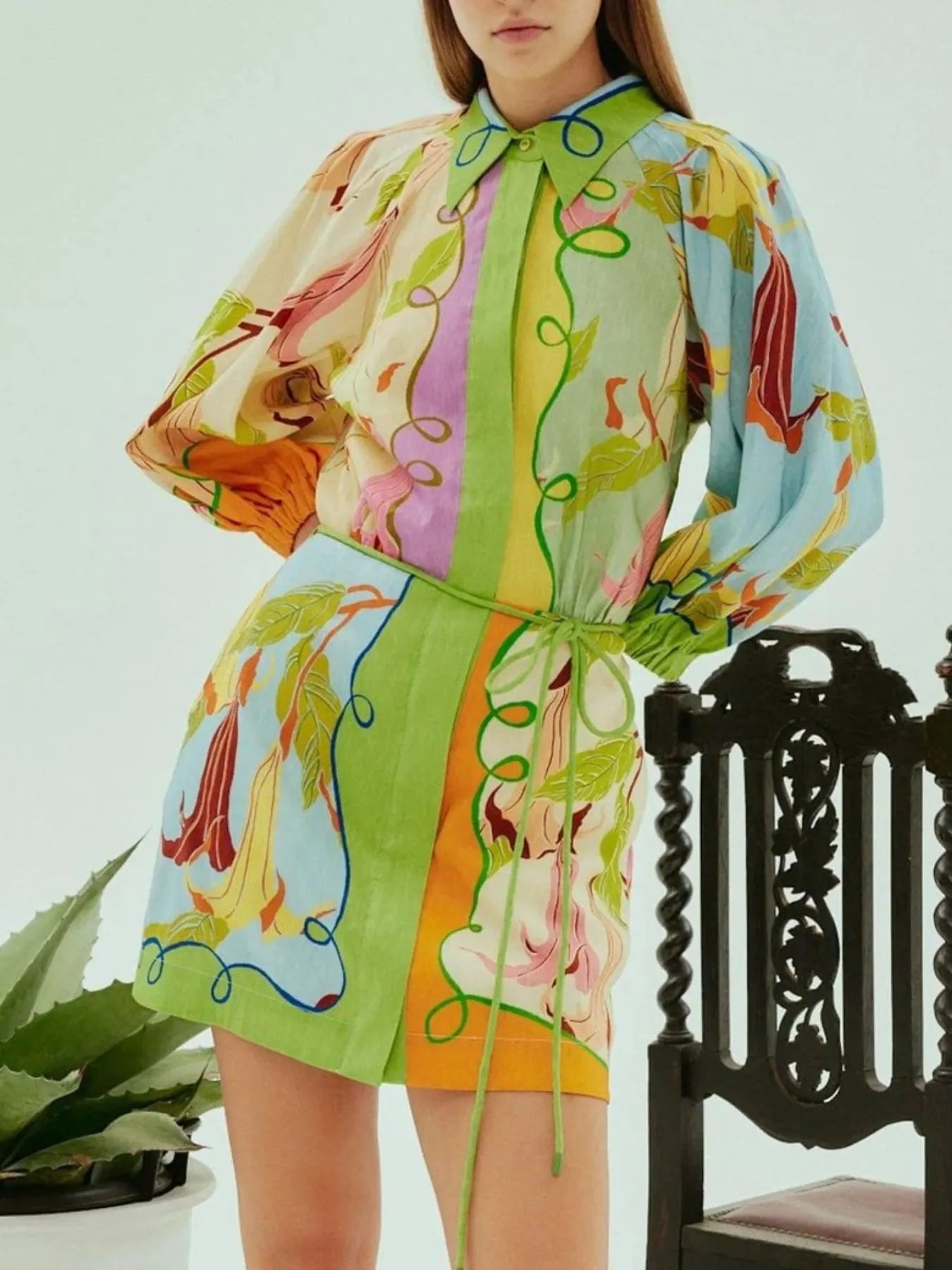 Abstract Print Tie Front Mini Shirt Dress with Pockets OutfitFlow