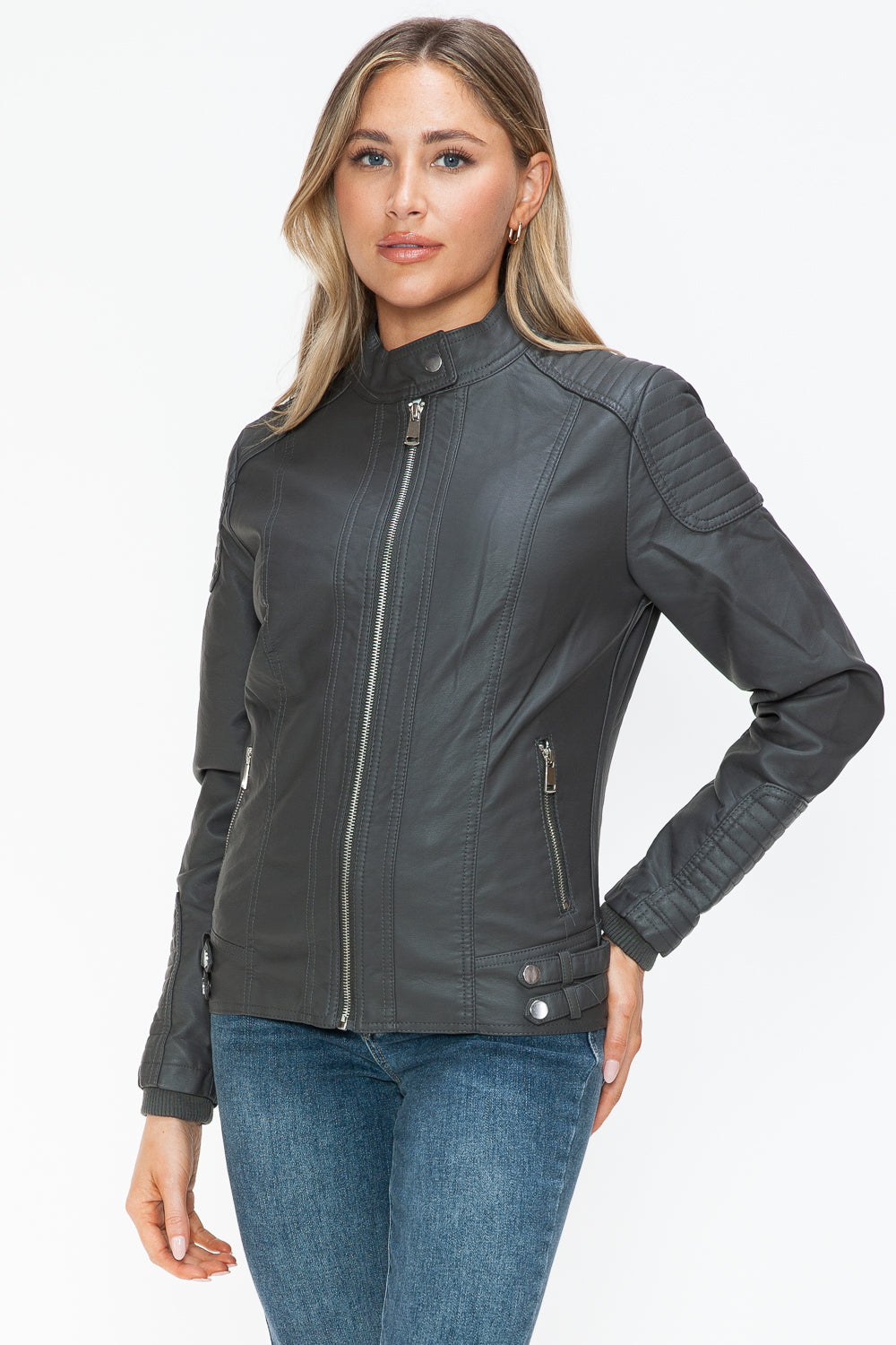 Outfit Flow - Snobbish Faux Leather Biker Jacket with Side Zip Pockets