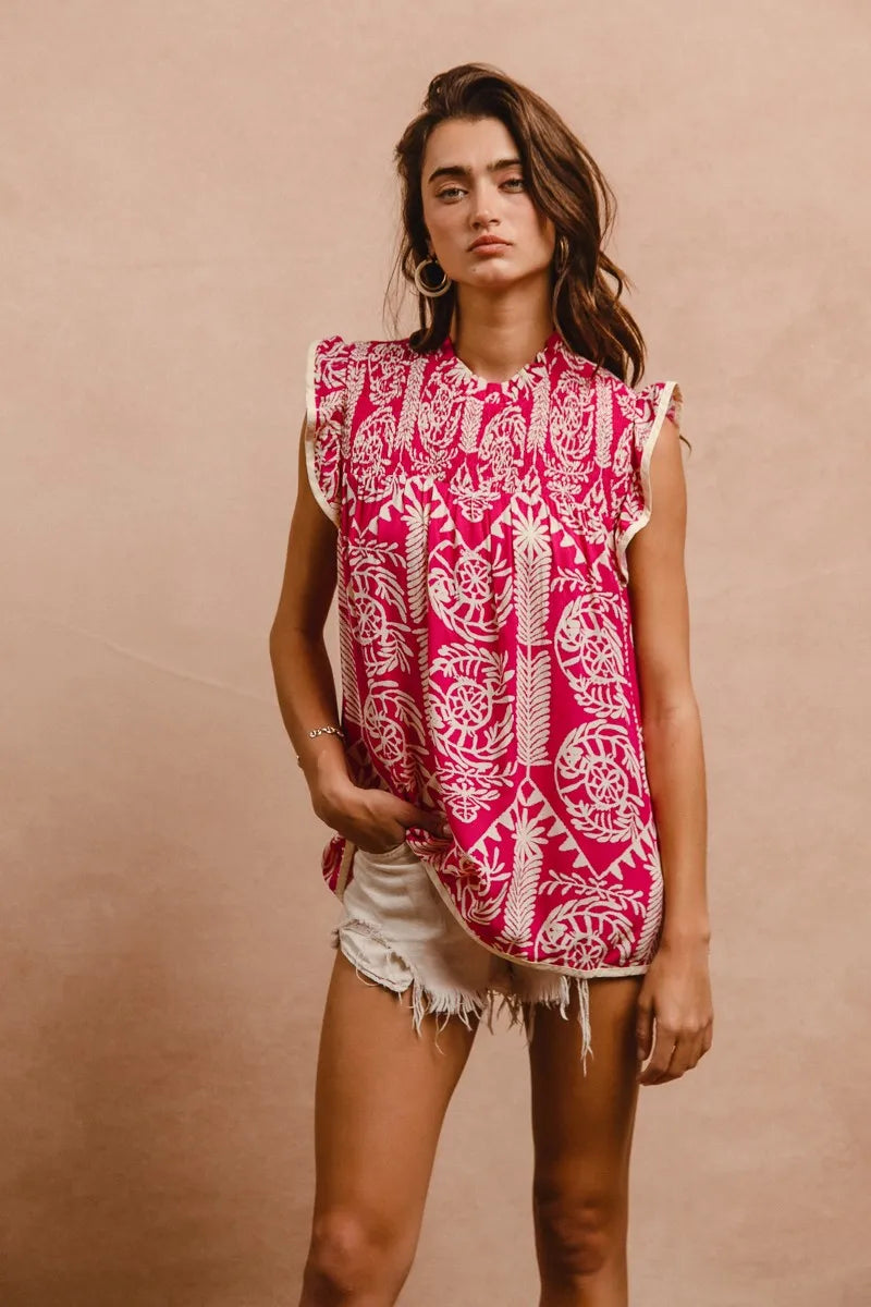 BiBi Printed Ruffle Sleeve Top OutfitFlow