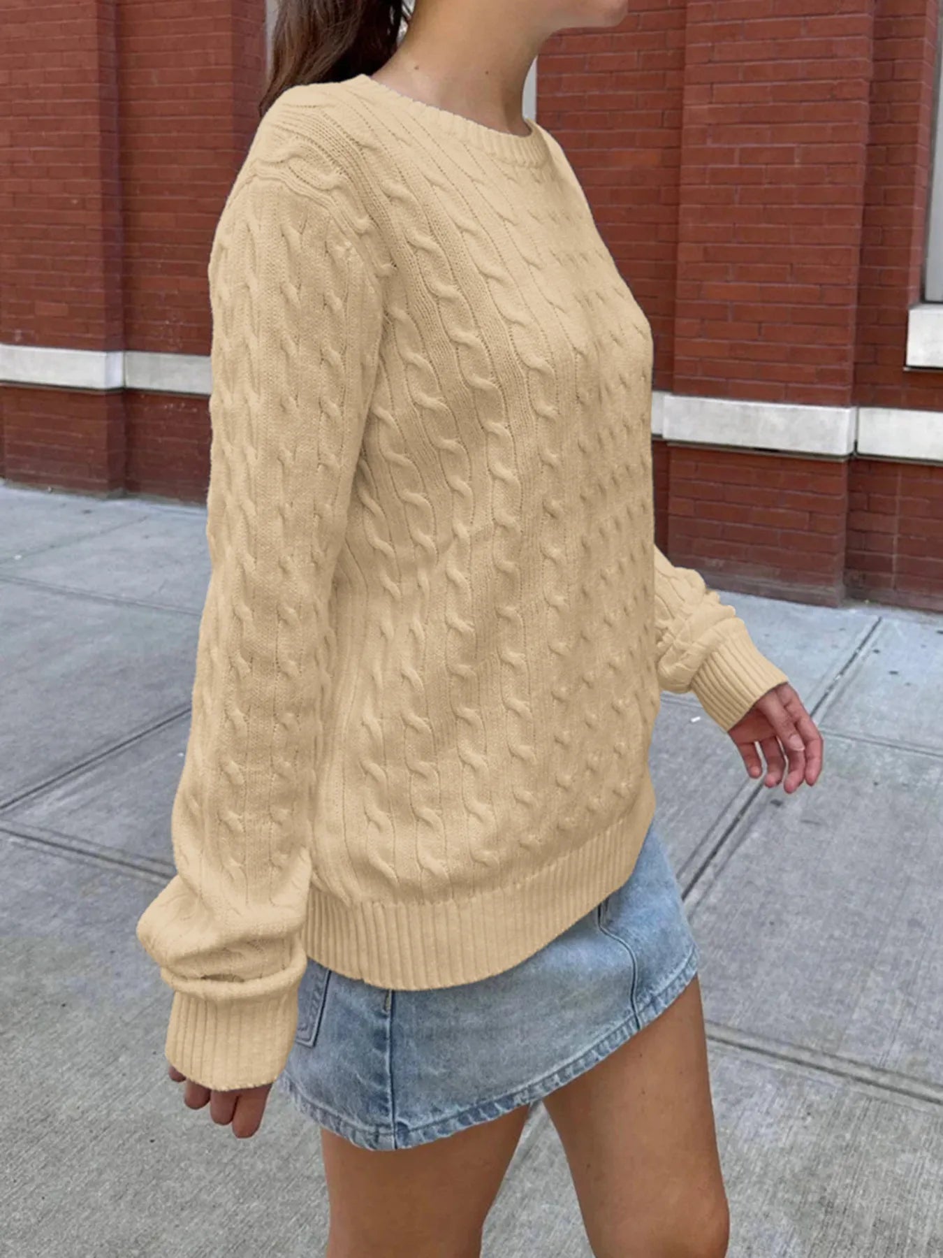 Cable-Knit Round Neck Pullover Sweater OutfitFlow