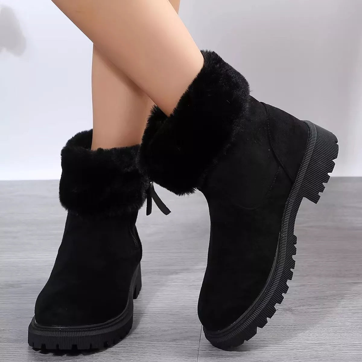 Side Zipper Fuzzy Boots Black Trendsi