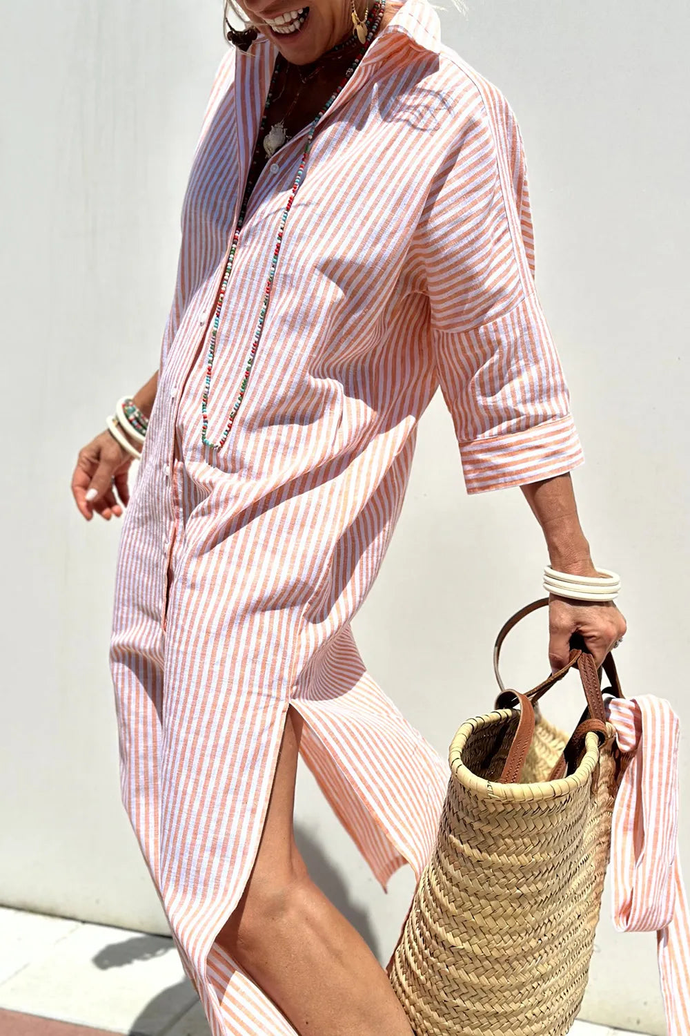 Tied Button Up Three-Quarter Sleeve Dress OutfitFlow
