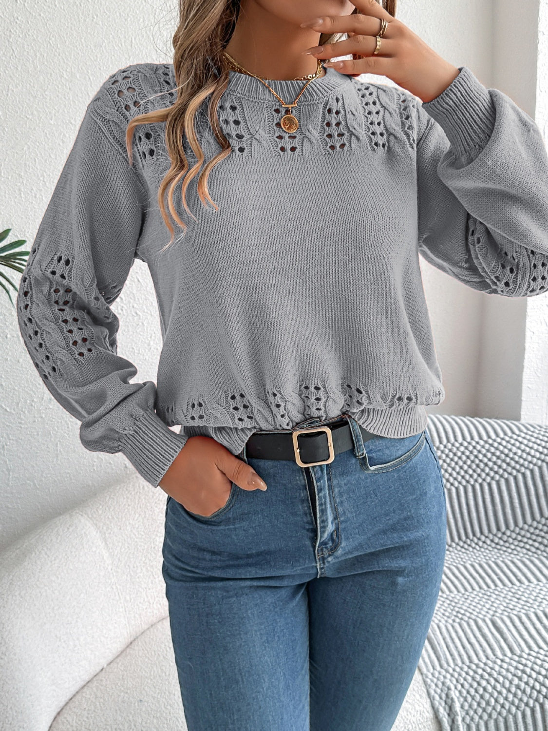 Openwork Round Neck Long Sleeve Sweater