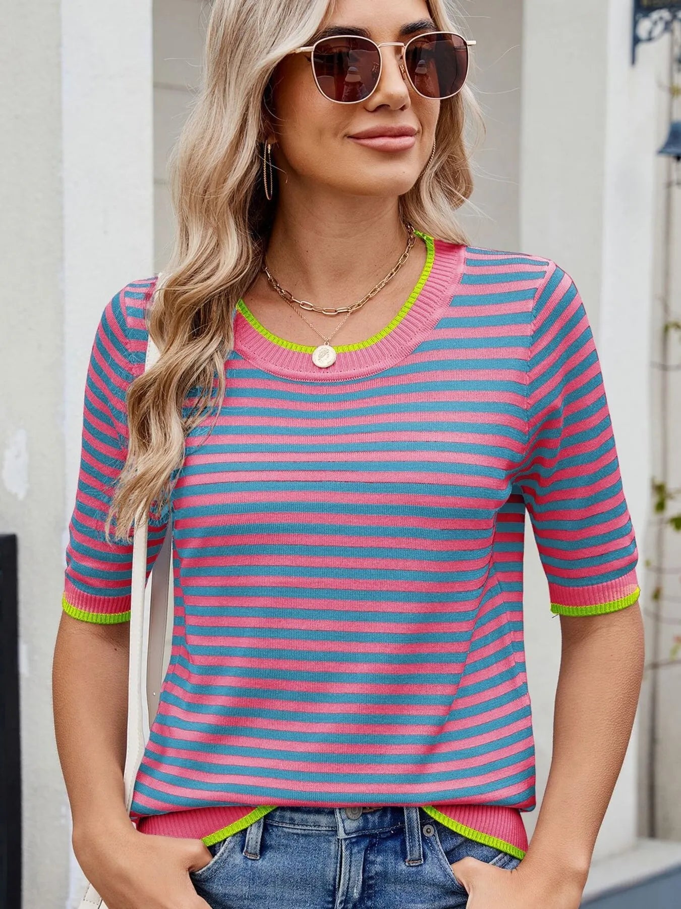 Striped Casual T-Shirt with Contrast Trim Pink Blue OutfitFlow