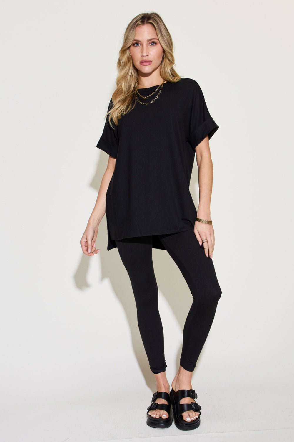 Outfit Flow - Zenana Plus Size Short Sleeve Slit T-Shirt and Leggings Lounge Set