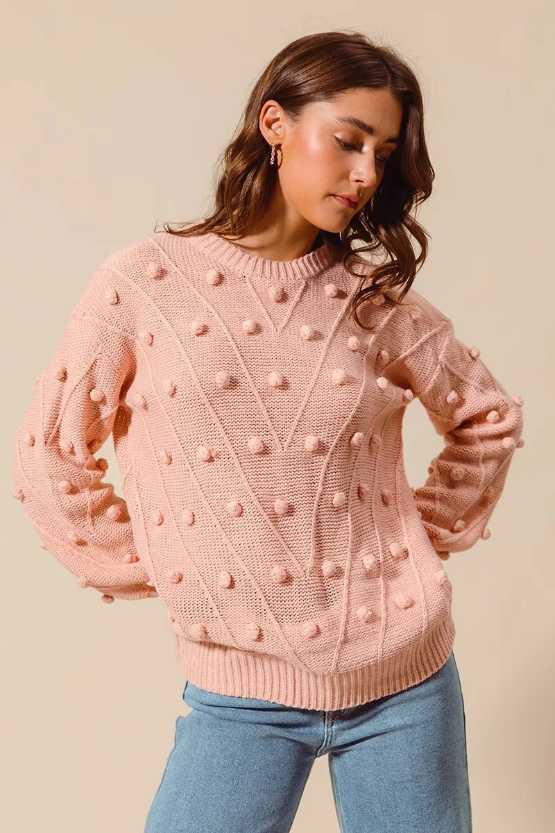 SO ME Pom Pom Textured Knit Sweater Top Trendsi