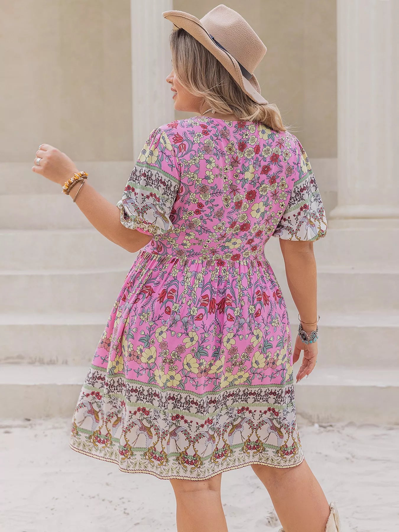 Plus Size Floral Print V-Neck Puff Sleeve Summer Dress OutfitFlow