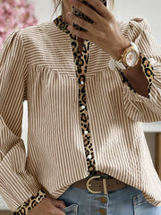 Stripe Leopard Patchwork Long Sleeve Shirt Trendsi