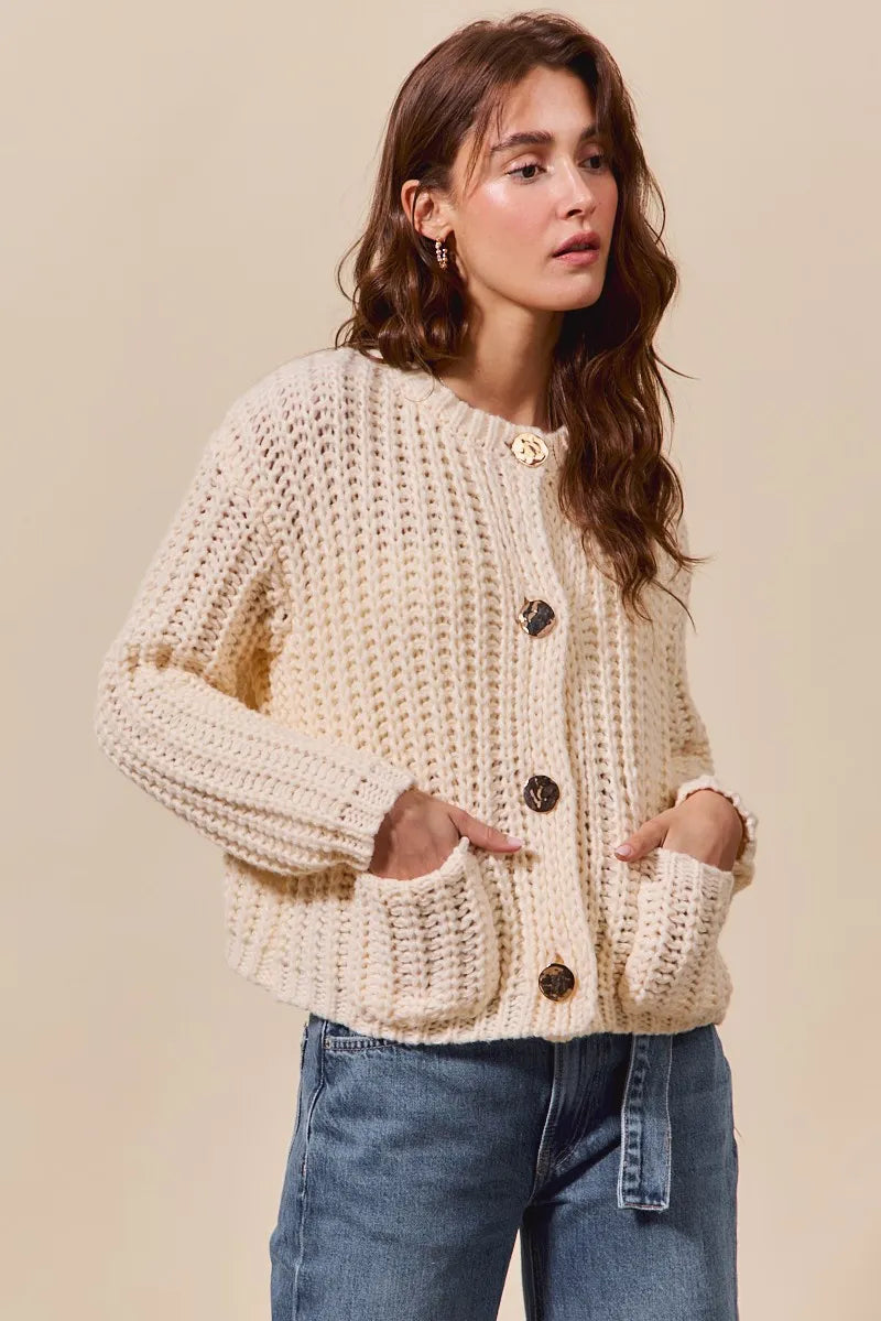 SO ME Metal Button Long Sleeve Chunky Sweater Cardigan OutfitFlow
