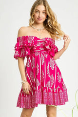 Umgee Off-Shoulder Paisley Print Ruffled Mini Dress OutfitFlow