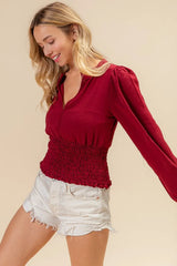 BiBi Smoking Waist Band and Puff Sleeves Deep V Neck Top OutfitFlow