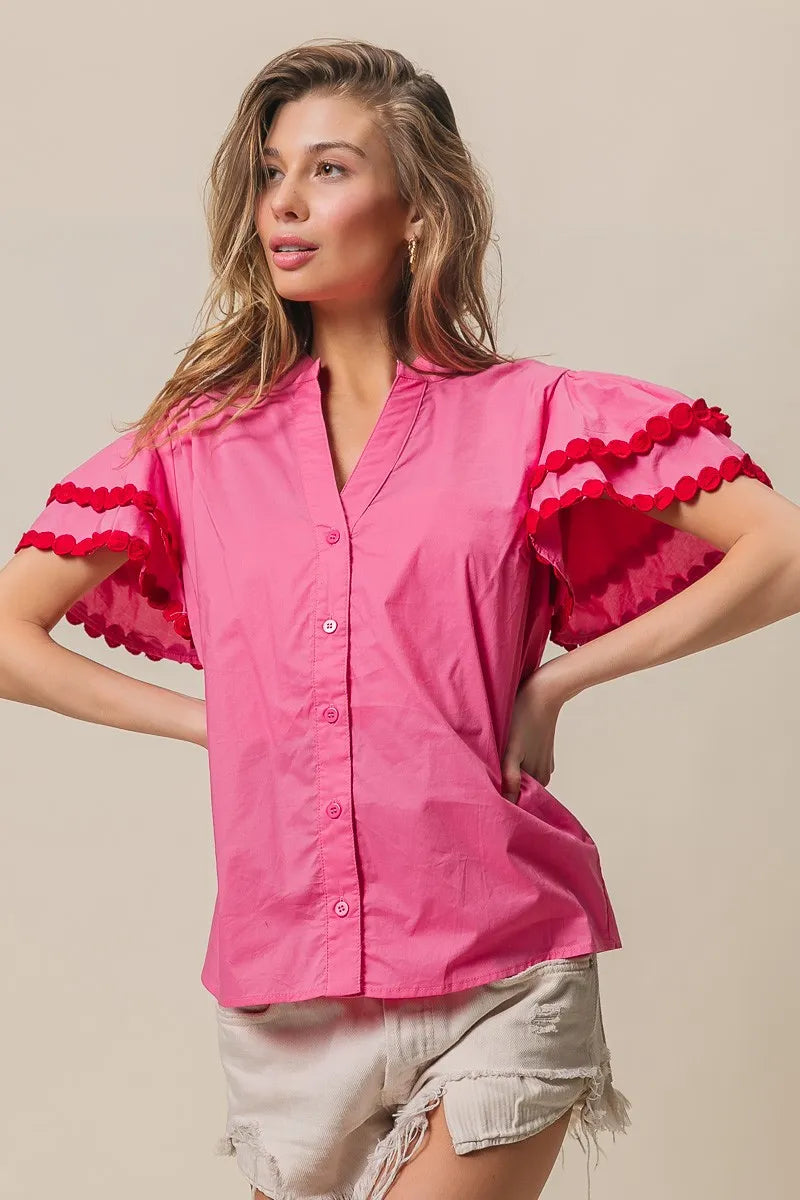 BiBi Dot Trim Flutter Sleeve Notched Top OutfitFlow