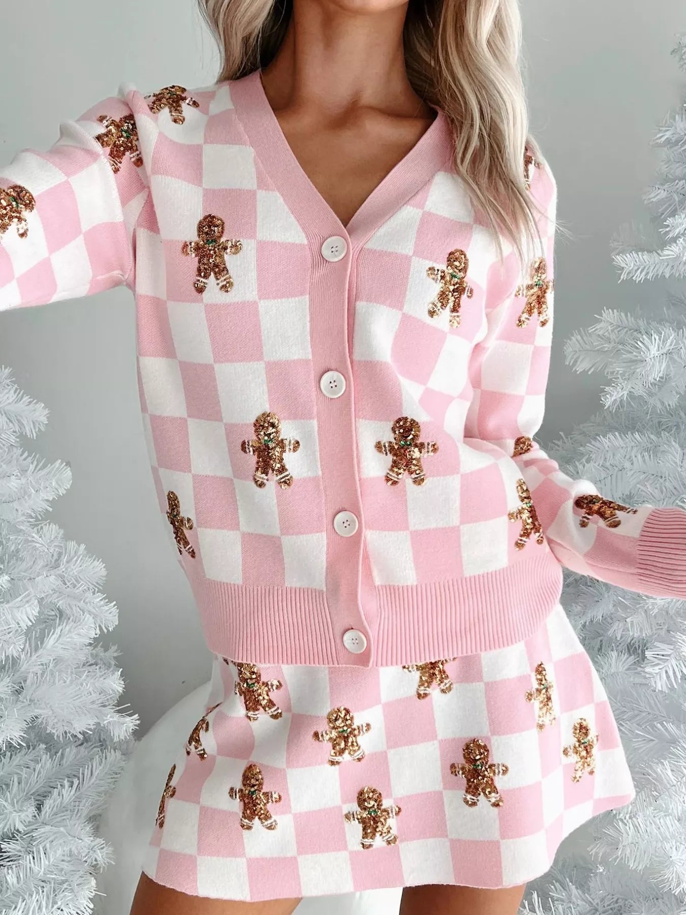 Gingerbread Checkered Cardigan and Skirt Sweater Set OutfitFlow