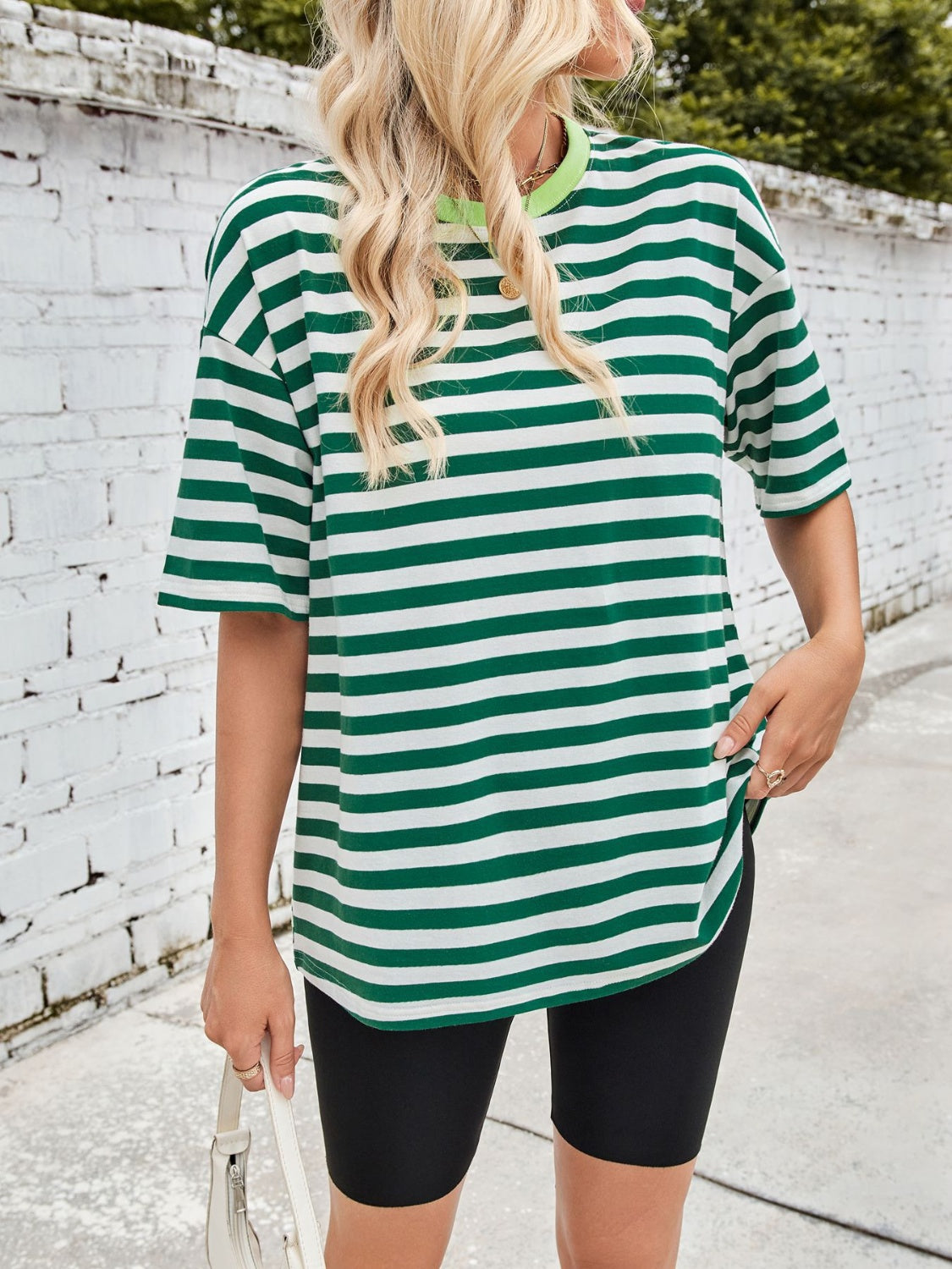 Outfit Flow - Lovelet Striped Round Neck Half Sleeve T-Shirt