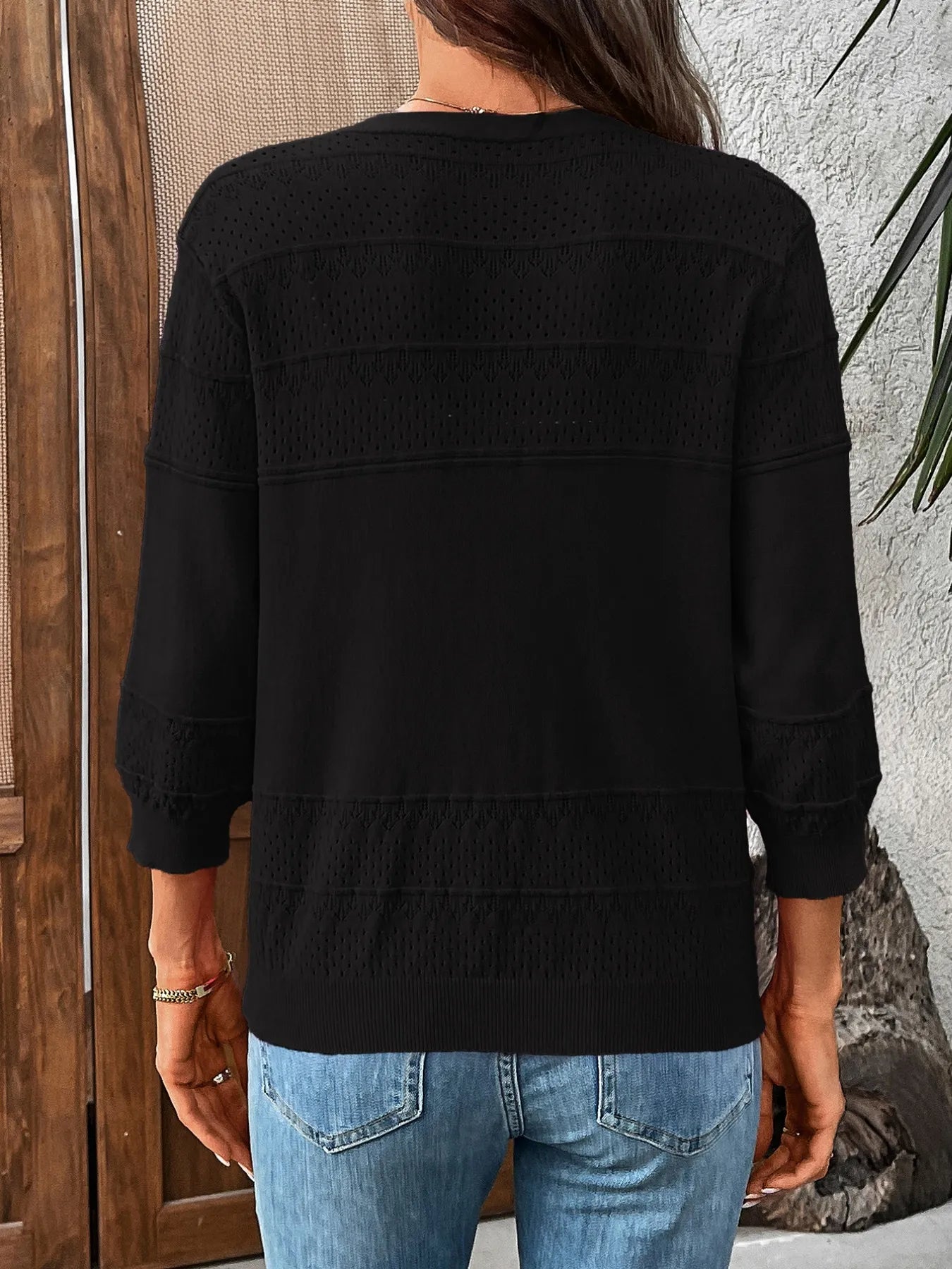 Textured Button-Front Cardigan with 3/4 Sleeves OutfitFlow
