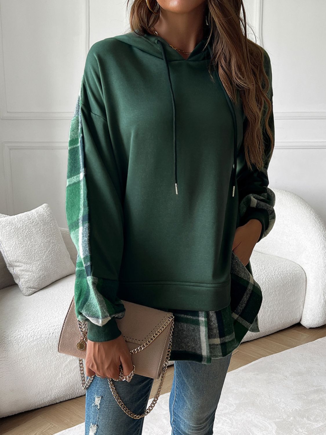 Outfit Flow - Devine Drawstring Plaid Long Sleeve Hoodie