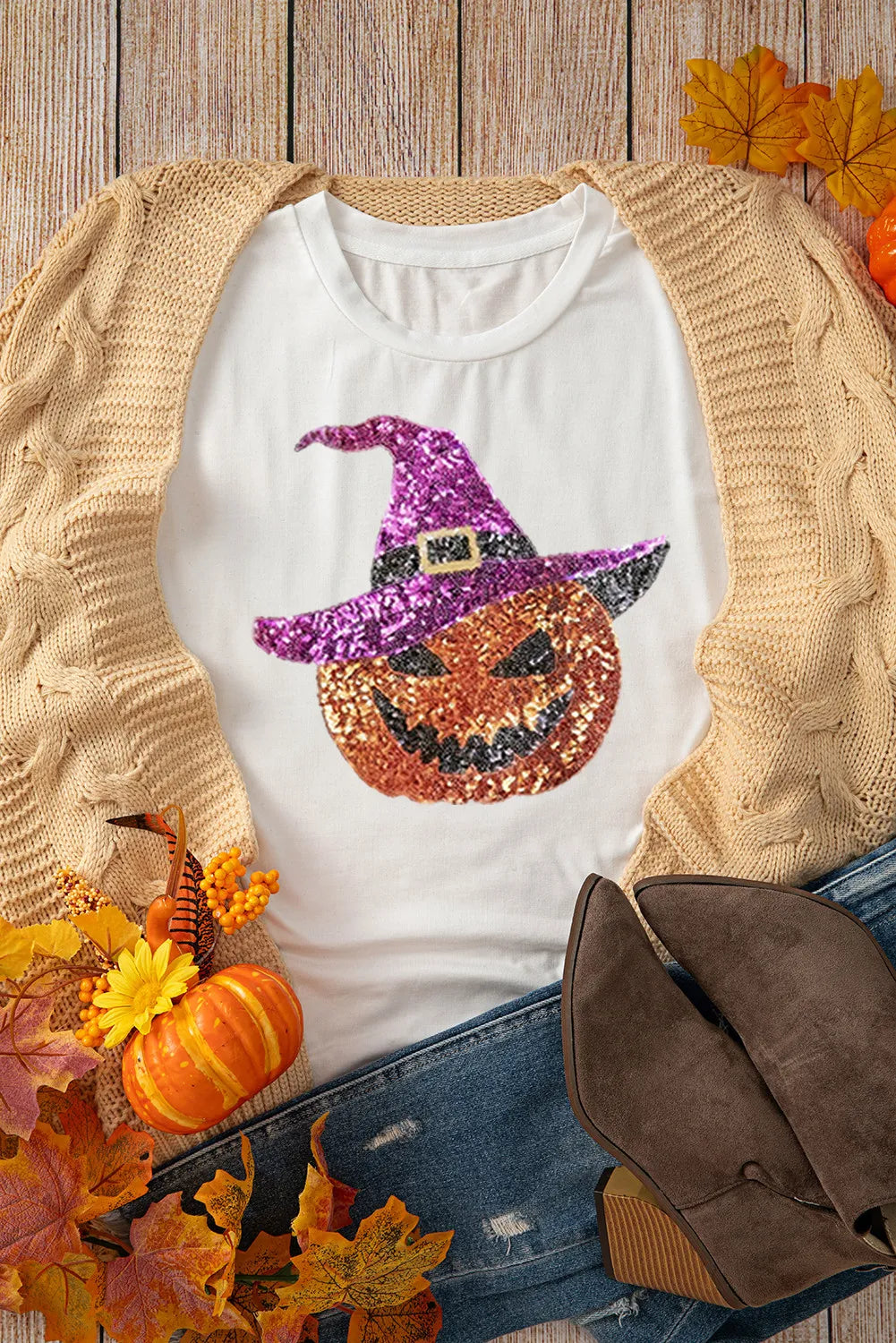 Sequin Pumpkin Round Neck Short Sleeve T-Shirt OutfitFlow
