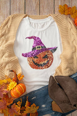 Sequin Pumpkin Round Neck Short Sleeve T-Shirt OutfitFlow