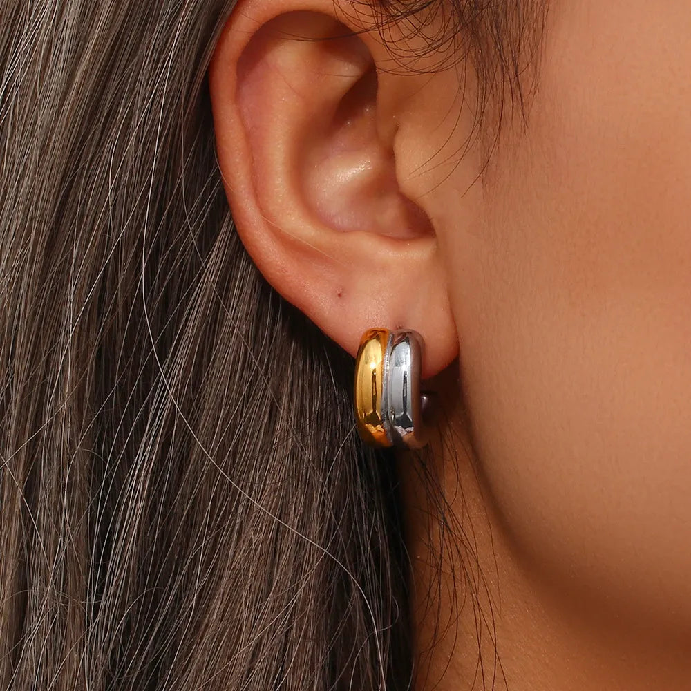 Stainless Steel Two-Tone Hoop Earrings Gold & Silver One Size OutfitFlow