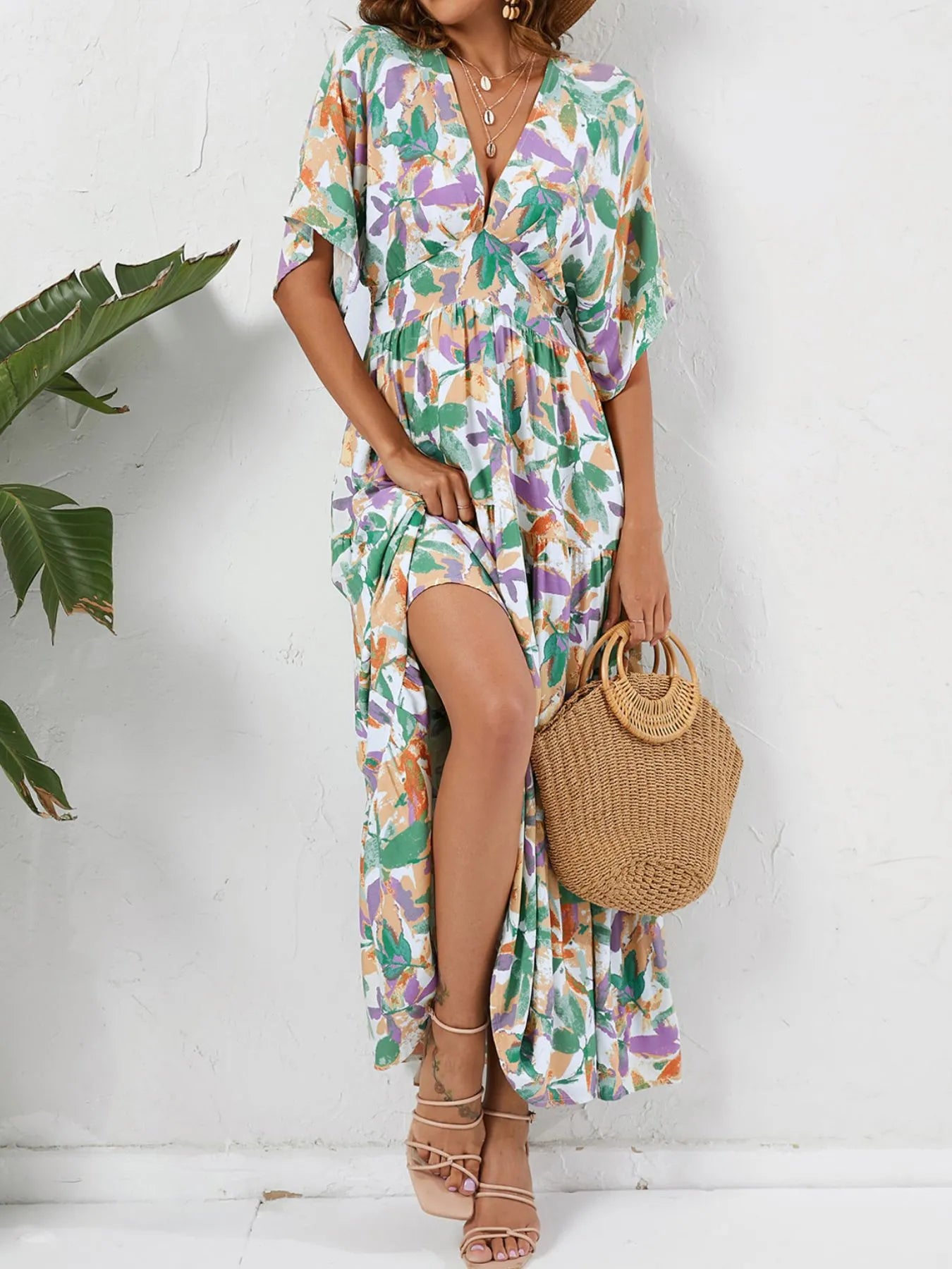 Floral Print V-neck Boho Midi Dress OutfitFlow