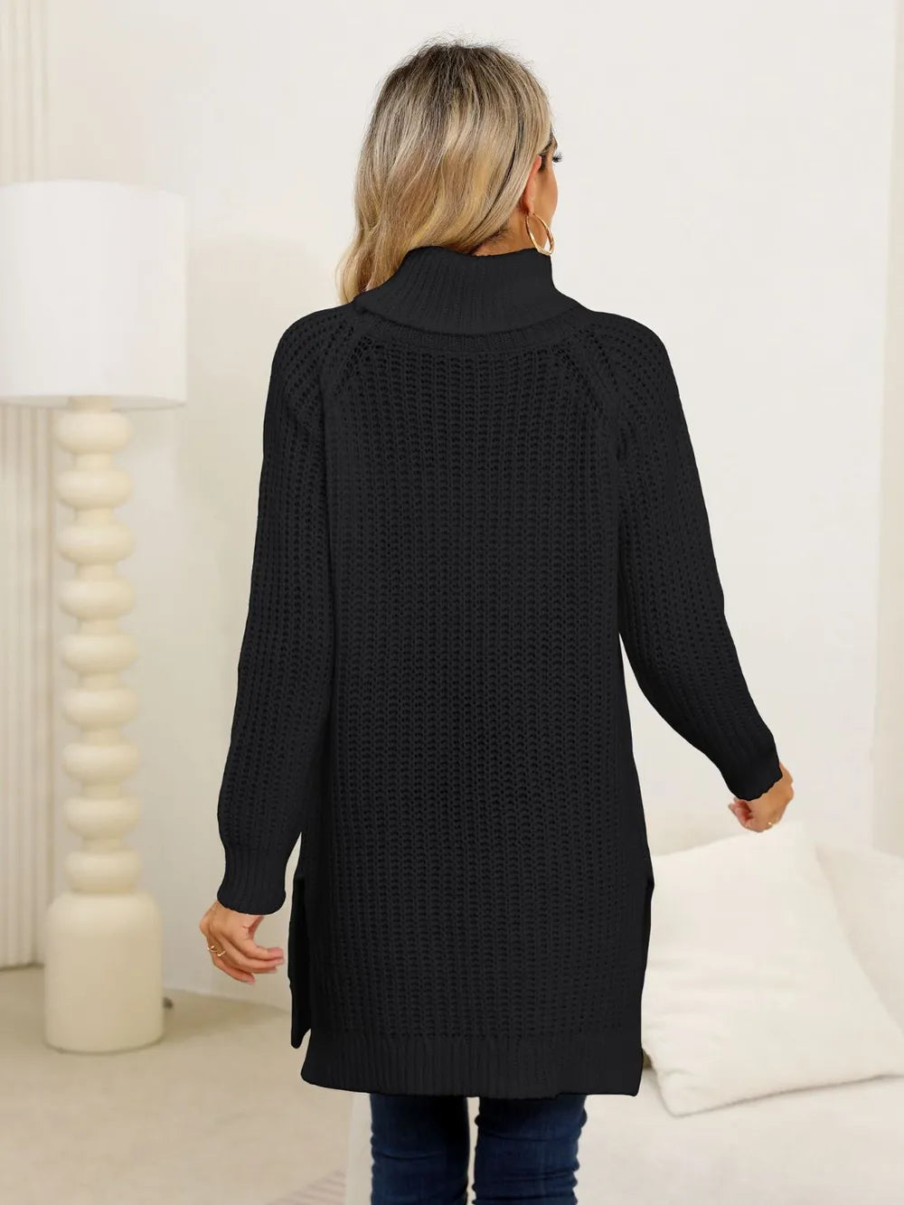 Slit Turtleneck Long Sleeve Sweater OutfitFlow