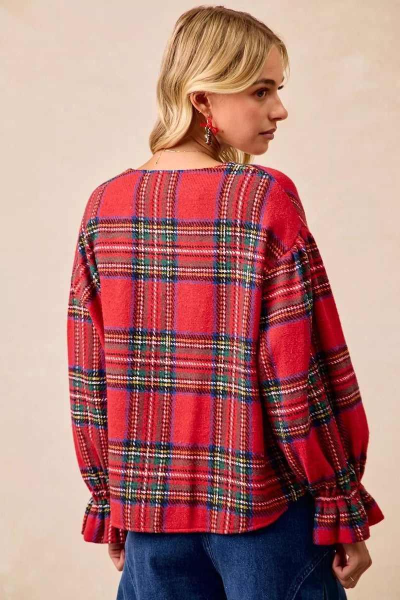 BiBi Christmas Plaid V-Neck Flounce Sleeve Jacket Trendsi