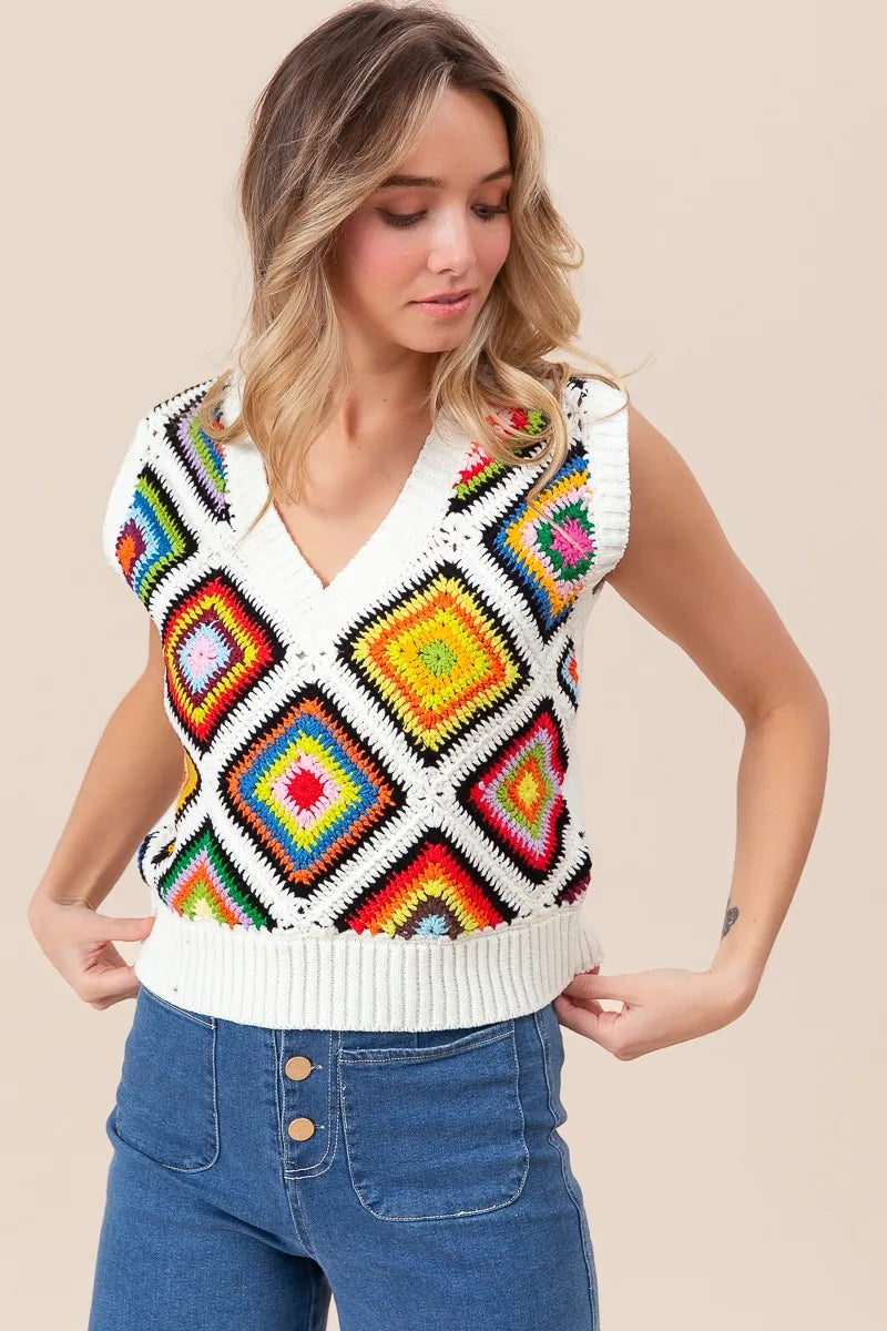 BiBi Diamond Granny Square Sweater Vest OutfitFlow