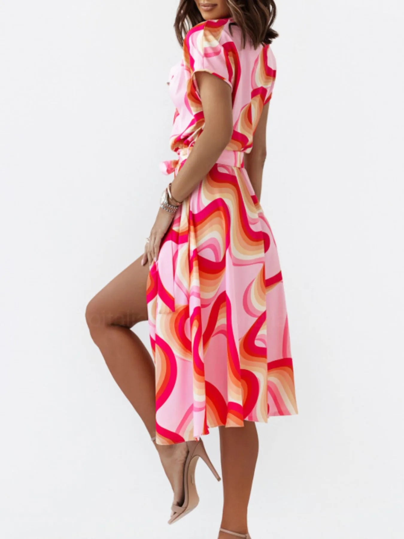 Printed Button Front Midi Dress with Belt OutfitFlow