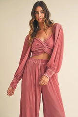 MABLE Front Twisted Long Sleeve Top and Pants Set Dusty Rose OutfitFlow