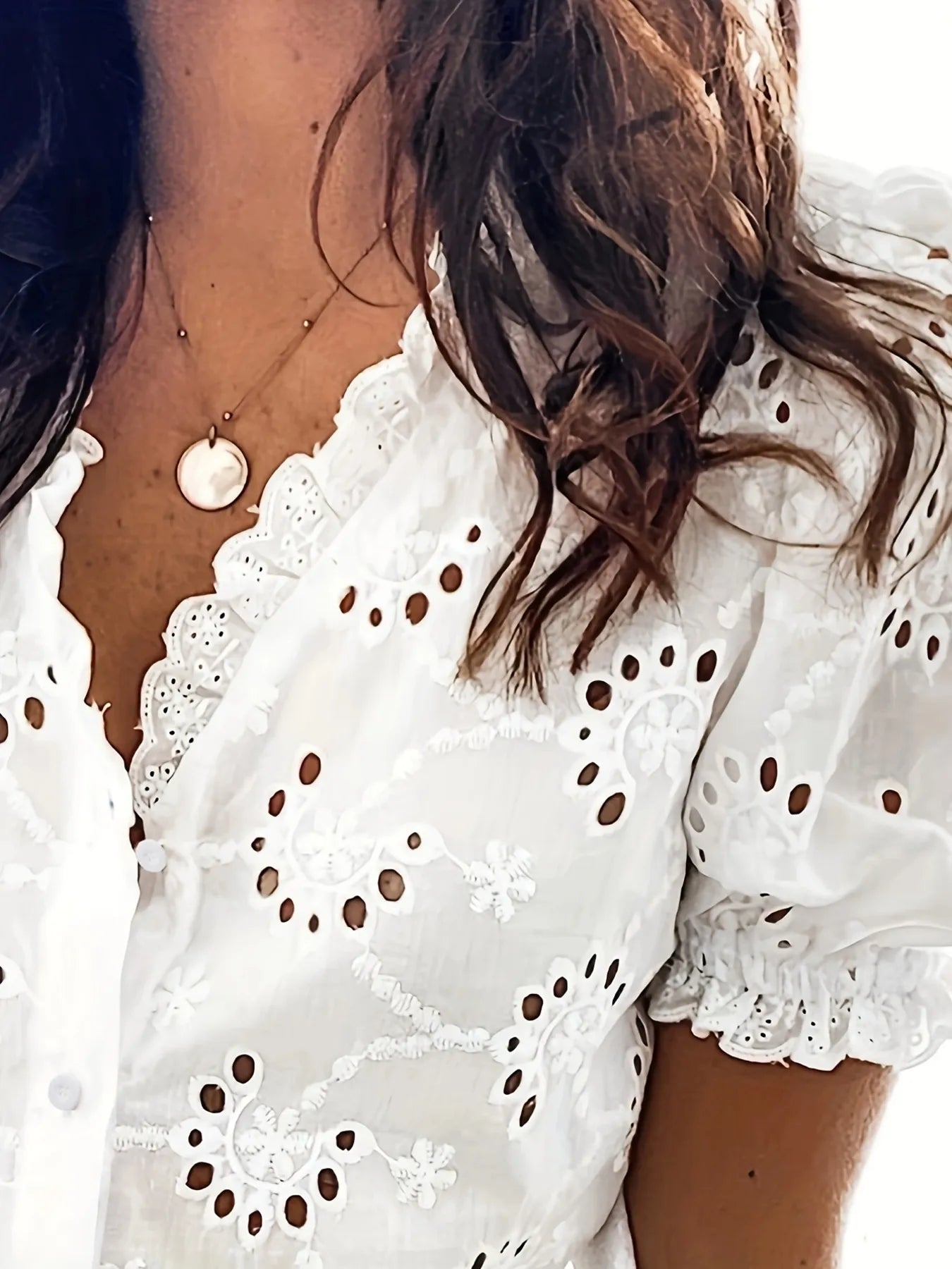 Eyelet Embroidered Short Sleeve Shirt OutfitFlow