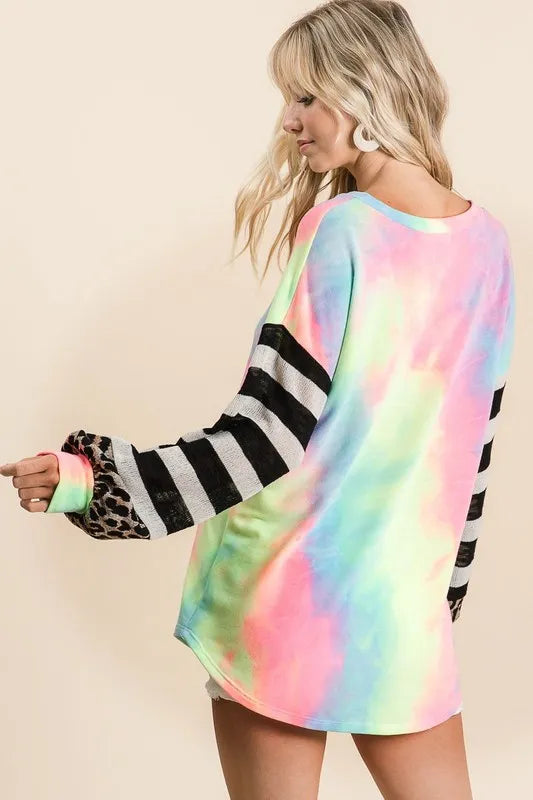 BiBi Tie Dye V Neck Top with Stripe Puff Sleeves OutfitFlow