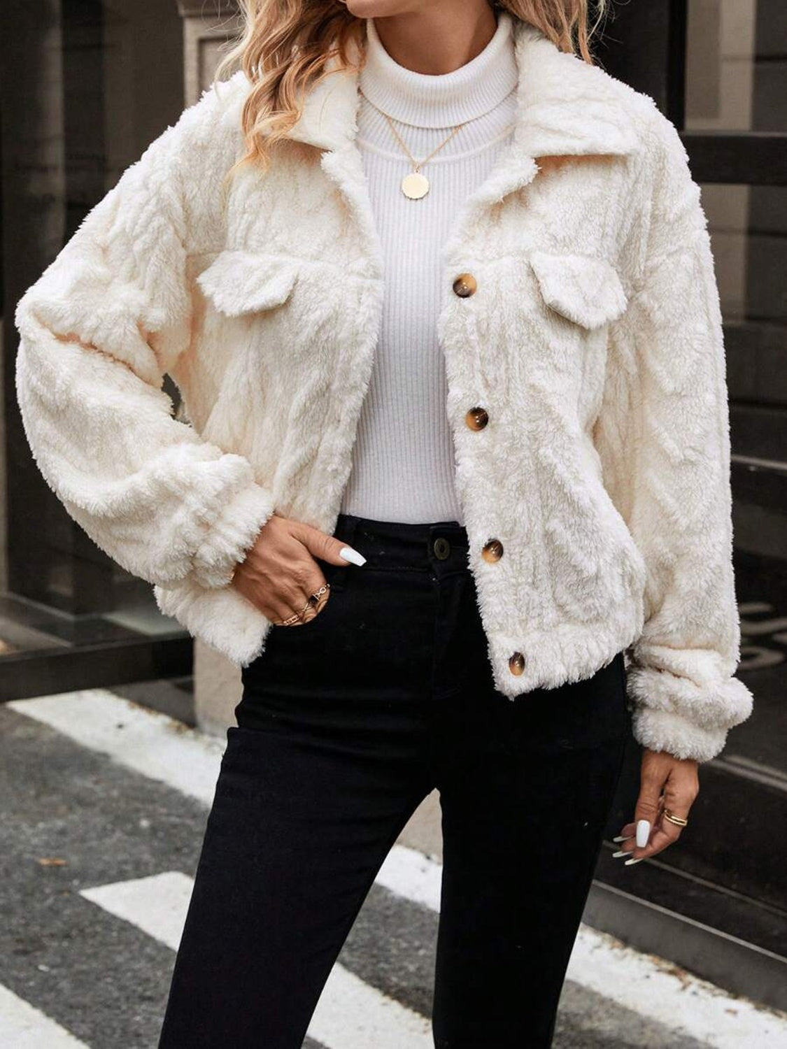 Outfit Flow - Button Up Long Sleeve Fuzzy Outerwear