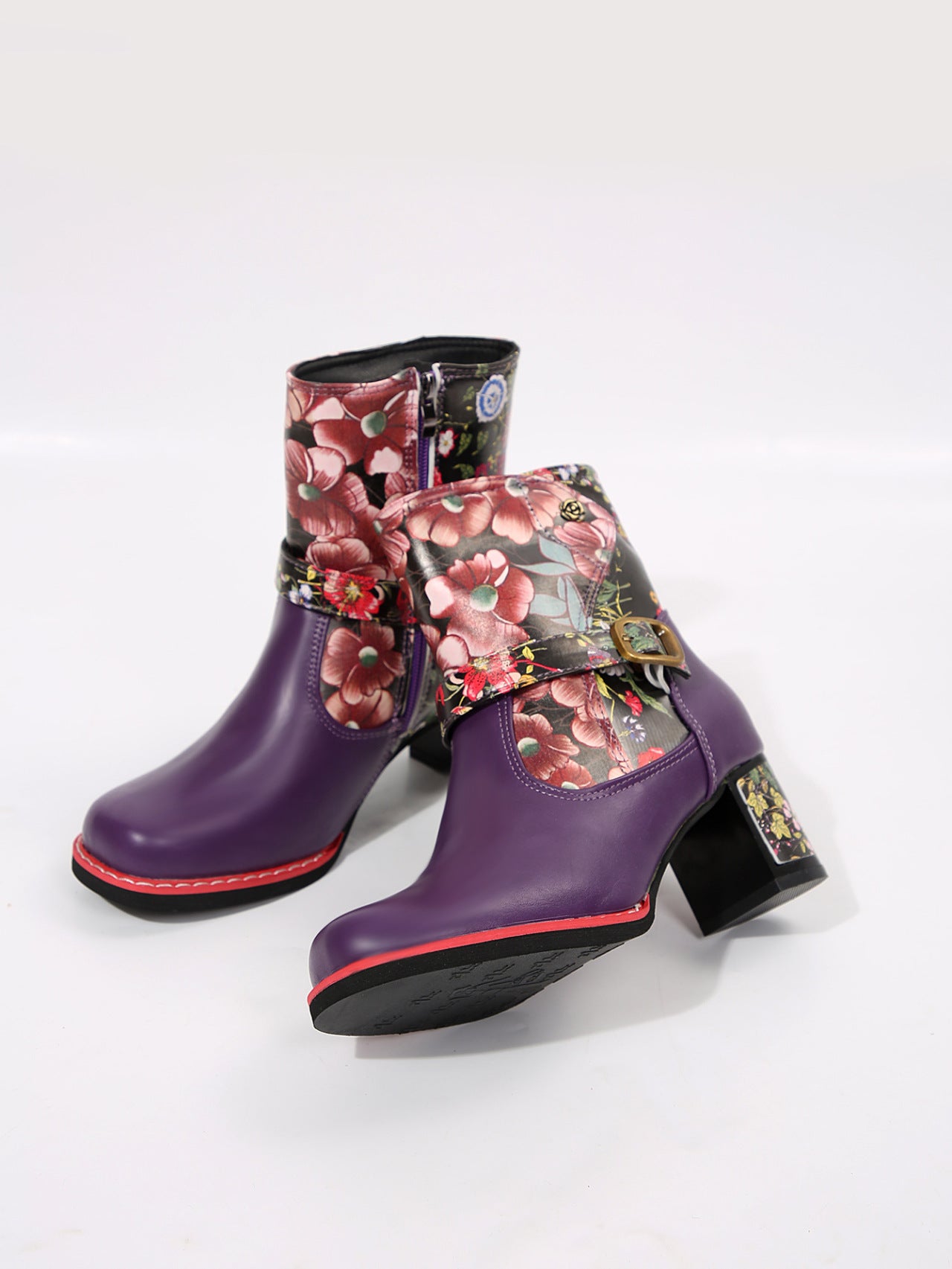 Outfit Flow - PU Leather Flower Block Heel Boots