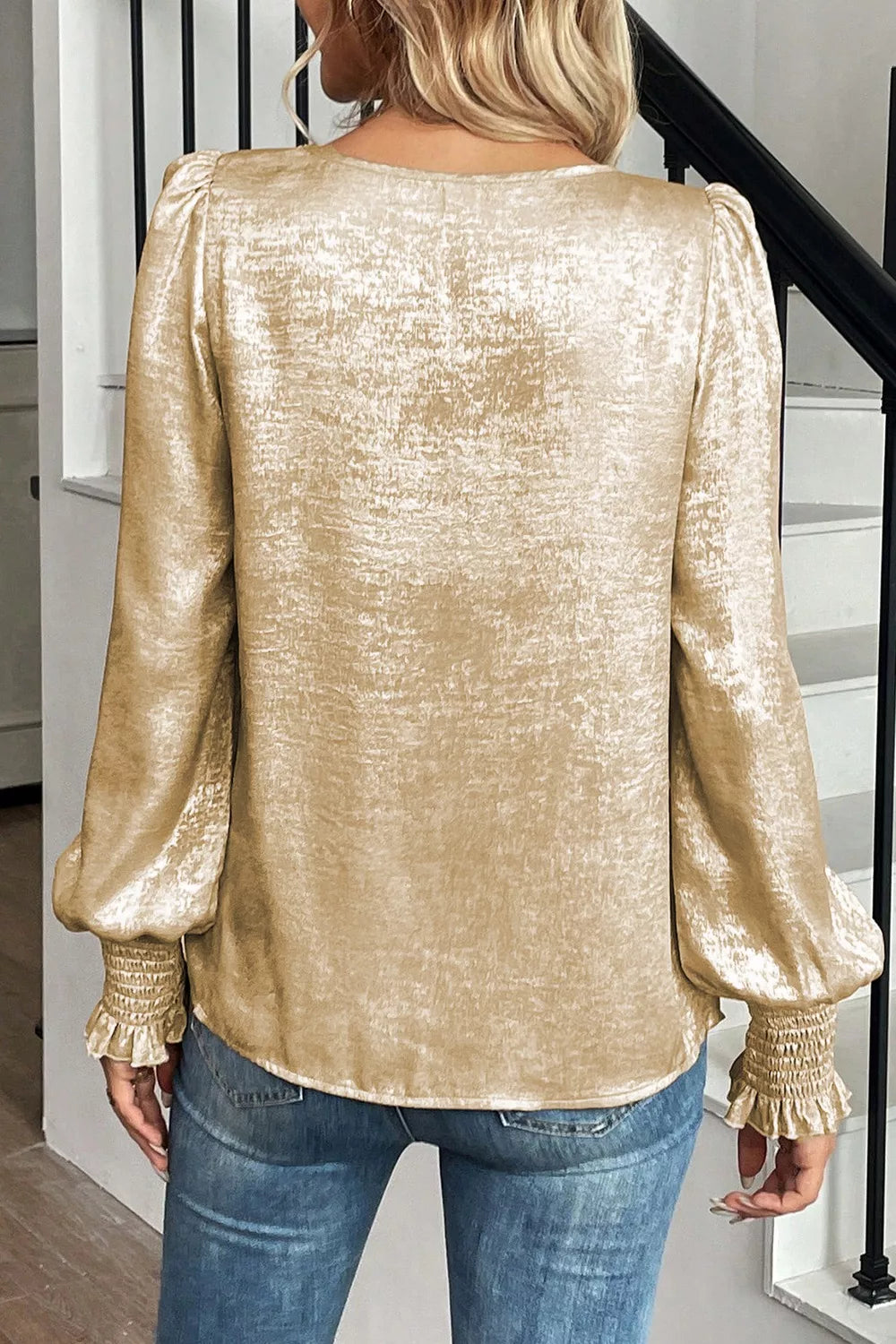Round Neck Lantern Sleeve Blouse OutfitFlow