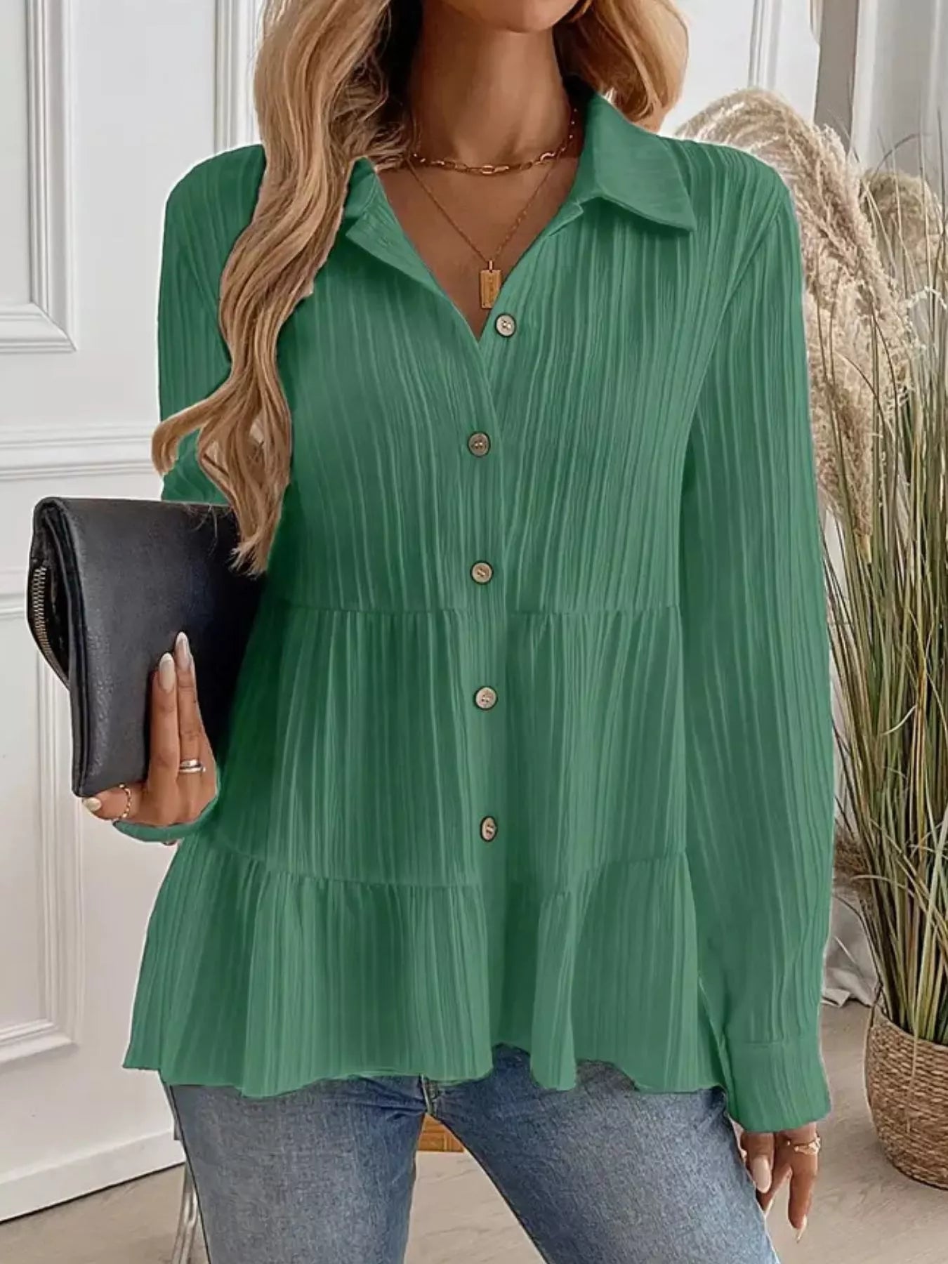 Button-Down Long Sleeve Tiered Shirt OutfitFlow