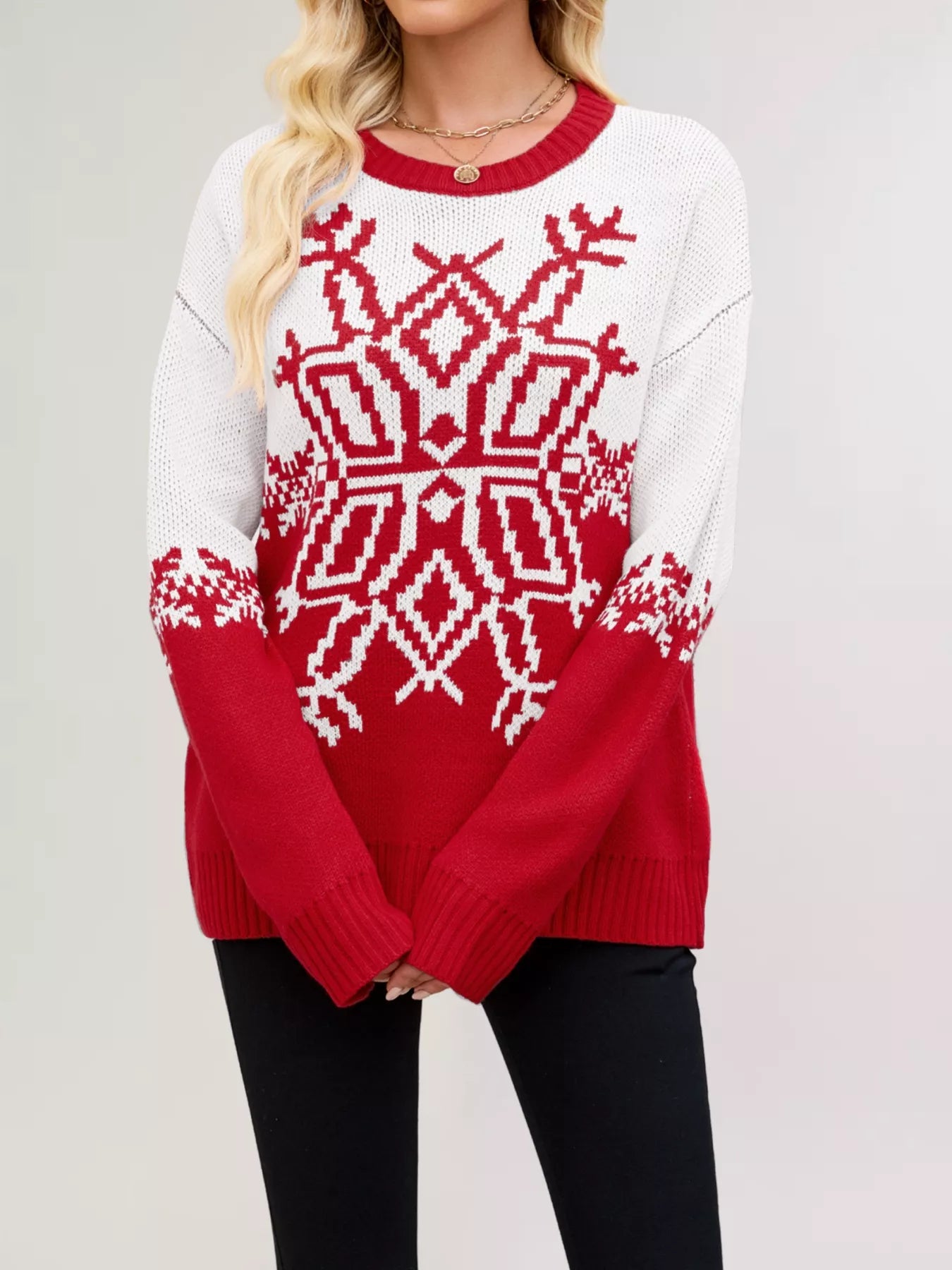 Christmas Snowflake Round Neck Sweater OutfitFlow