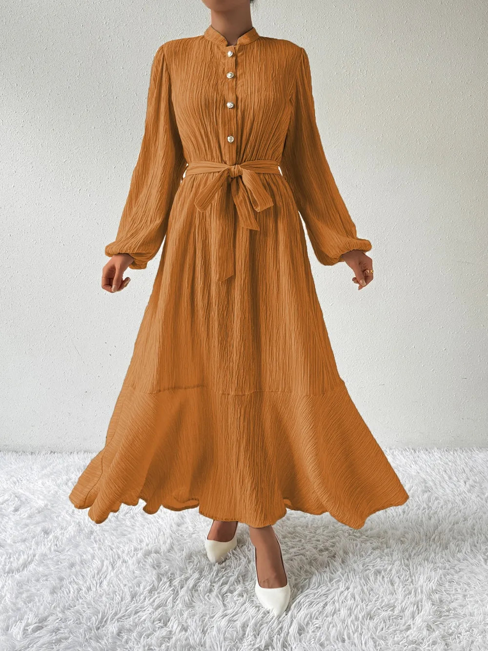 Honey Tie Waist Long Sleeve Dress OutfitFlow